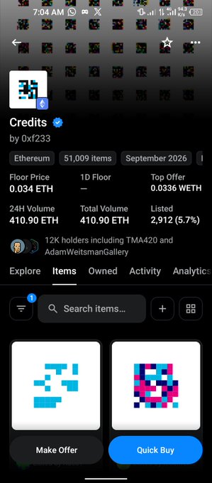 A mobile screenshot of an NFT collection page for "Credits" by 0xf233 on the Ethereum network, showing a floor price of 0.034 ETH and 51,009 items, with pixel art items available for purchase.