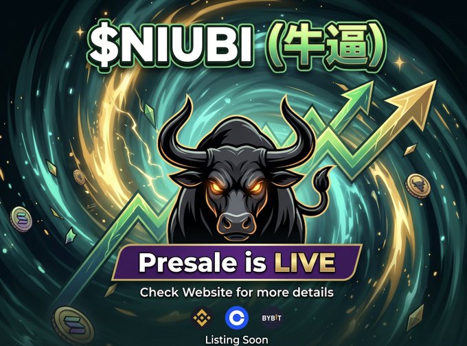A promotional crypto presale graphic for "$NIUBI (牛逼)" featuring an aggressive bull with glowing eyes against a swirling vortex background, with text announcing "Presale is LIVE" and "Listing Soon." The image visually reinforces the post's presale announcement with its bold, bullish imagery and upward arrows symbolizing price gains.