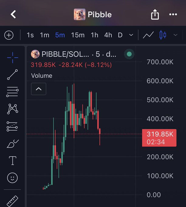 Trading chart for PIBBLE/SOL showing a price of 319.85K, down 8.12% (-28.24K) on a 5-minute timeframe, displaying significant volatility with red and green candlesticks.