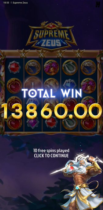 The image shows a slot machine win screen from "Supreme Zeus," displaying a "TOTAL WIN" of 13860.00 after 10 free spins, paired with a post celebrating a risky $100 pick on ToshiBet's Gods chosen casino.