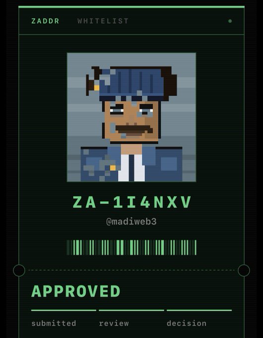 The image shows a Zaddr whitelist approval card featuring a pixel art avatar, displaying the address "ZA-1I4NXV" with handle "@madiweb3" marked as "APPROVED." It relates to the post by celebrating the user's successful whitelist approval from @zaddrnet, the next step being transferring Zcash to their new shielded address.
