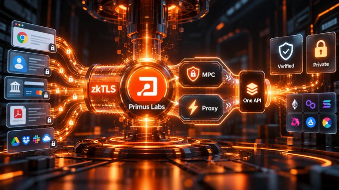 A futuristic tech graphic showing a central hub labeled "Primus Labs" connected to services including zkTLS, MPC, Proxy, One API, Verified, and Private, with various app icons branching out.