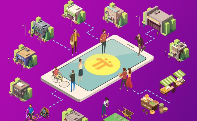 An isometric digital illustration on a purple background depicts a smartphone with various people and shops connected around it, illustrating an online marketplace or ecosystem.