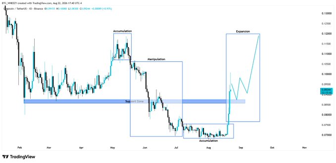 A TradingView daily chart of Binance DOGE/USDT shows the price structure labeled with phases: "Accumulation" in April–May, "Manipulation" through June–July around the $0.08–$0.09 support zone (highlighted in blue), a second "Accumulation" in August, and a projected "Expansion" phase aiming toward the $0.10+ level, illustrating the post's thesis of accumulation-manipulation-accumulation leading to a bullish breakout.