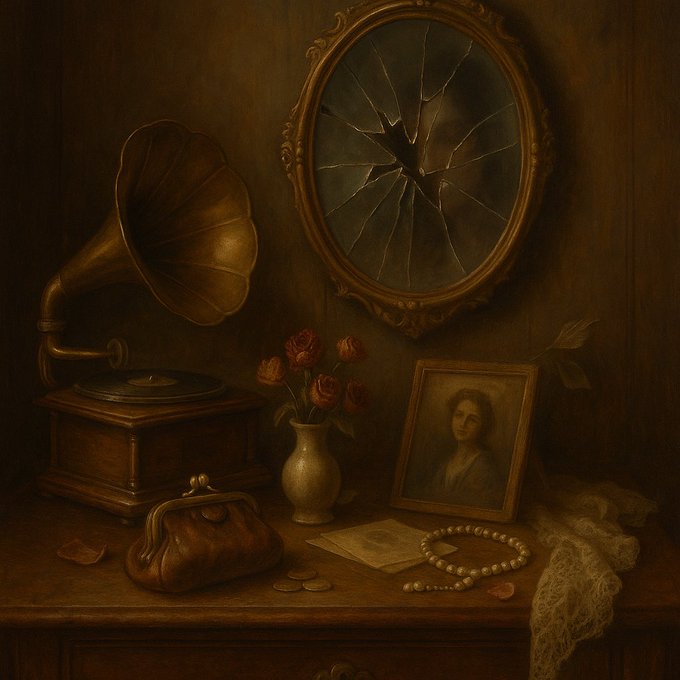 A dark, moody still life painting featuring a vintage gramophone, a cracked oval mirror on the wall, a vase of red tulips, a framed portrait of a woman, scattered coins, a letter, and a pearl necklace resting on a lace cloth atop a wooden surface.