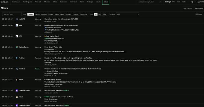 A dark-themed crypto news aggregator page listing recent industry updates, with the 'News' tab highlighted and entries from sources like tradeXYZ, Gate, OKX, Jupiter Perps, Pacifica, Injective, and others dated October 15.
