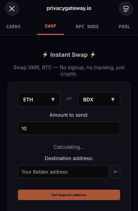 A screenshot of the privacygateway.io Instant Swap interface shows a user converting 10 ETH to BDX by entering their Beldex destination address, with the platform emphasizing "Swap XMR, BTC — No signup, no tracking, just crypto." This visually illustrates the post's positive experience of seamlessly swapping ETH to BDX through the privacy-focused gateway service.