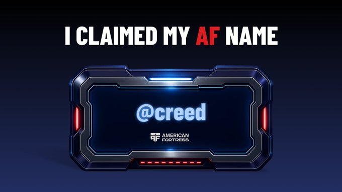 A futuristic digital card displays the username "@creed" with the American Fortress logo, promoting the platform's "Send-to-Name" feature that lets users send crypto payments using simple @ handles instead of long wallet addresses.