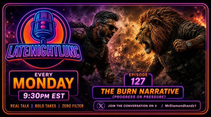 A podcast promotional banner for 'Late Night Luc' Episode 127 titled 'The Burn Narrative', airing every Monday at 9:30 PM EST, featuring a man facing off against a lion against a fiery background.