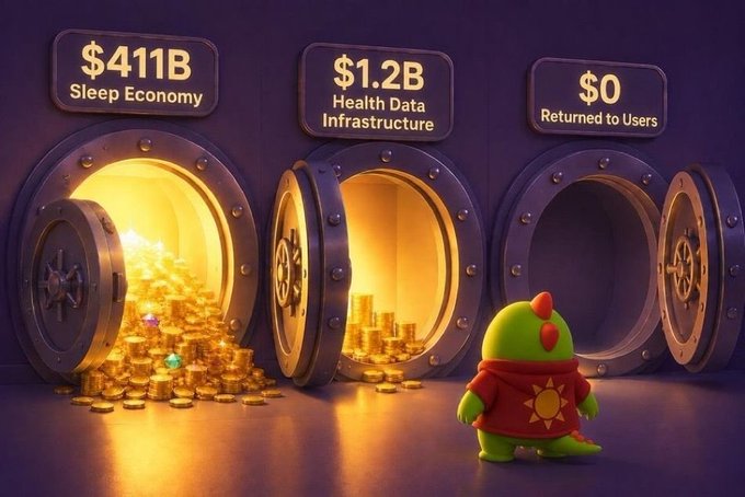 A 3D illustration of a green dinosaur character looking at three vault doors labeled '$411B Sleep Economy', '$1.2B Health Data Infrastructure', and '$0 Returned to Users,' with the first two vaults overflowing with gold coins.