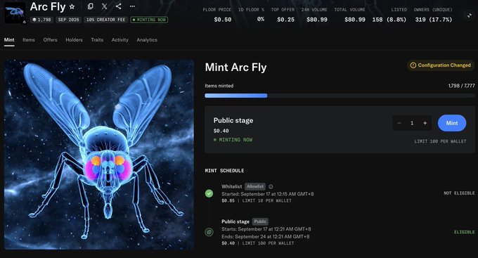 A screenshot of the Arc Fly NFT mint page on the Arc blockchain, showing 1798/2777 items minted, a public stage mint price of $0.40, and a mint schedule with whitelist already claimed and the public stage running from September 17-24 at $0.40 with a limit of 100 per wallet. The image supports the post's claim that Arc Fly's free public mint window is still open during the early days of the Arc mainnet.