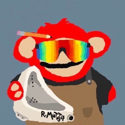 A stylized digital painting of a red monkey wearing rainbow shutter shades, holding a pencil behind its ear and a fish, with the signature 'R. Murphy '87' on a gray background.