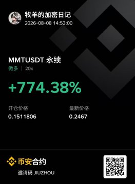 A Chinese-language cryptocurrency performance card for MMTUSDT showing a +774.38% gain from 牧羊的加密日记 dated 2026-08-08.