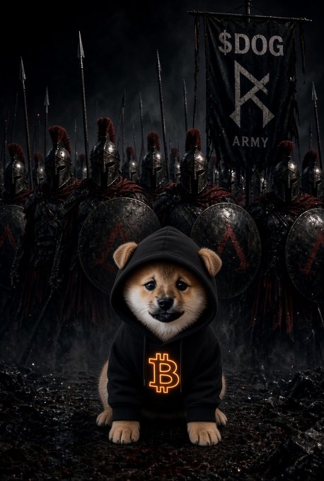 A dramatic image featuring a Shiba Inu dog wearing a black hoodie with an orange Bitcoin logo, sitting in front of an army of Spartans holding spears and shields with a '$DOG ARMY' banner in the background.