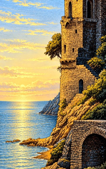 A painting depicting a stone tower on a rocky coastline beside the ocean, with stairs descending along the cliff and warm sunset lighting.