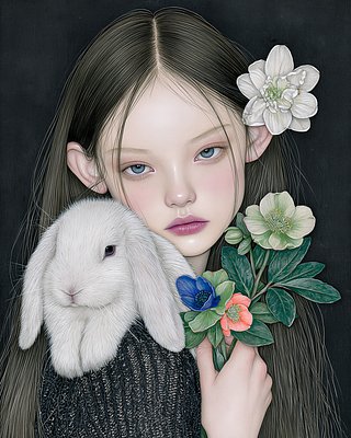 A stylized digital illustration of a young girl with long brown hair holding a white rabbit against a dark background, decorated with white and blue flowers.