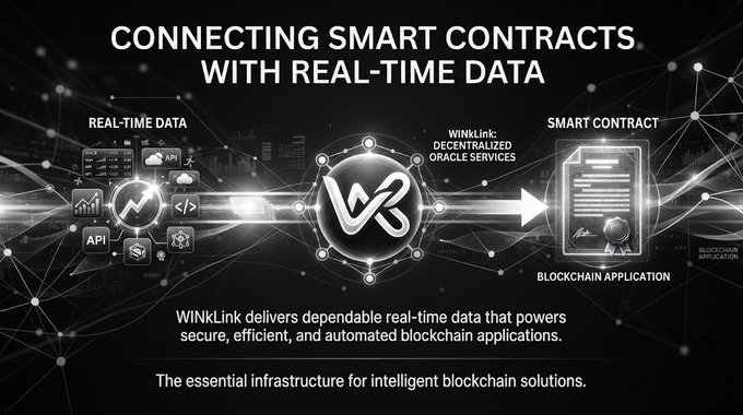 A dark tech-themed graphic titled "CONNECTING SMART CONTRACTS WITH REAL-TIME DATA" showing WinkLink decentralized oracle services bridging real-time data sources to a smart contract on a blockchain application.