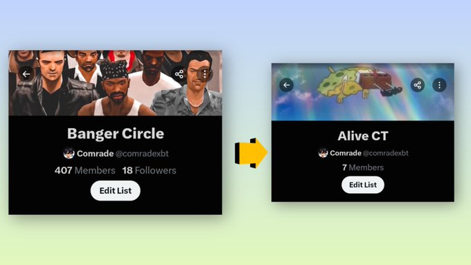 A screenshot showing an X (Twitter) list being renamed, from 'Banger Circle' to 'Alive CT' with an arrow indicating the change.