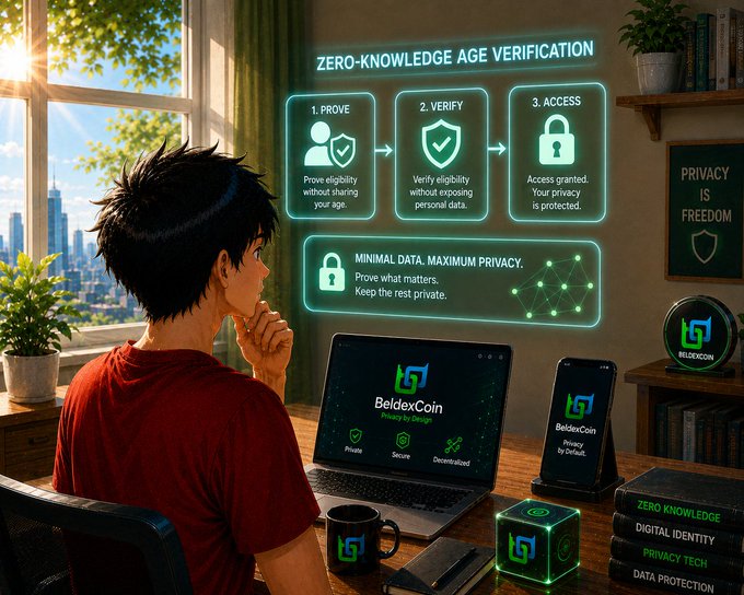 An illustrated promotional graphic for 'BeldexCoin' showing a person at a desk with laptops and phones displaying the brand, alongside text about 'ZERO-KNOWLEDGE AGE VERIFICATION' and 'PRIVACY IS FREEDOM'.