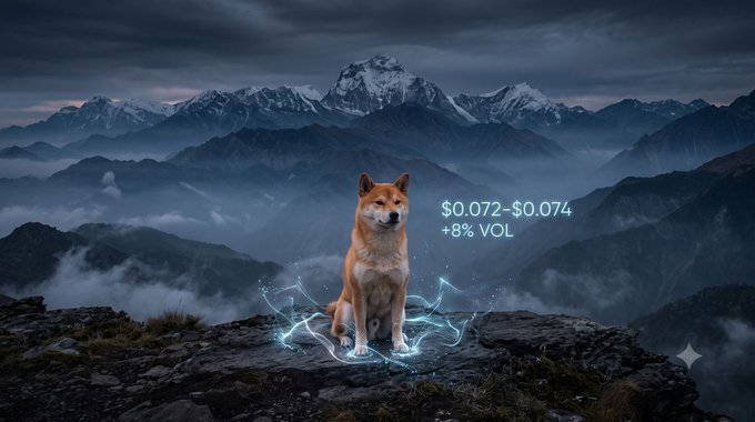 A Shiba Inu dog sits majestically on a rocky mountain peak surrounded by mist and snow-capped mountains, with text displaying '$0.072-$0.074 +8% VOL'.