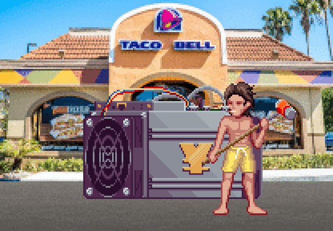 A pixel art scene showing a character holding a staff next to a large treasure chest and speaker in front of a Taco Bell restaurant.
