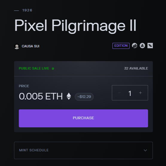 A minting page for "Pixel Pilgrimage II" (1926 edition) by Causa Sui, showing a live public sale with 32 available at 0.005 ETH (~$12.29) per item, with the tweet promoting the Transient mint link.