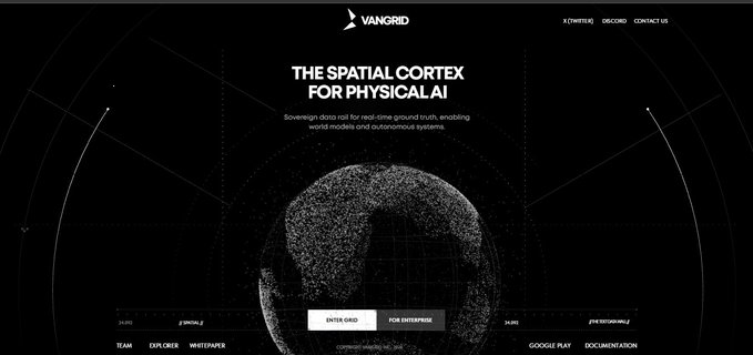 A dark website homepage for VANGrid featuring the headline "THE SPATIAL CORTEX FOR PHYSICAL AI" with a tagline about sovereign data and a particle-formed globe graphic, including navigation for Team, Explorer, Whitepapers, and "Enter Grid" buttons.