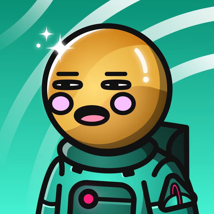 A cartoonish digital illustration of a shiny, golden, egg-headed character with pink cheeks wearing a futuristic teal and black outfit against a teal background.