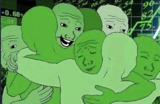 A meme featuring multiple green Wojak/Soyjak characters embracing in a group hug against a background of rising stock market charts and numbers.