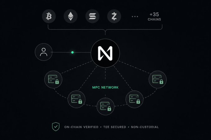 The image shows a detailed diagram of a network infrastructure for NEAR, which includes various types of networks such as Bitcoin, Ethereum, Solana, Zcash, and 35+ chains. The diagram also displays the MPC network, native transactions, and native token wrapping. The post is titled "I ran a node on NEAR's MPC network", indicating that someone has recently created or managed a node in this network.