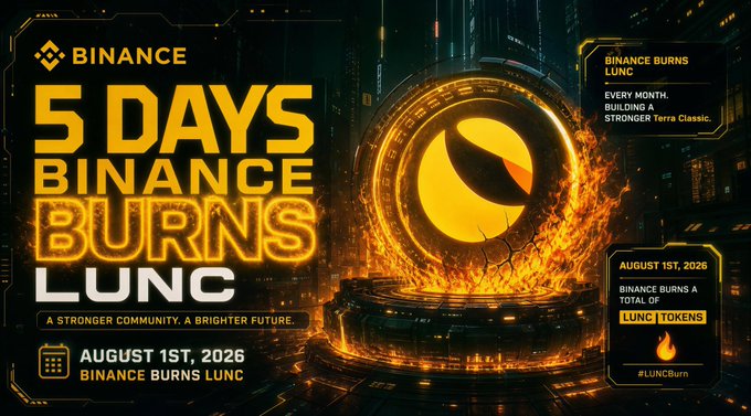 A promotional graphic for Binance with fiery text reading '5 DAYS BINANCE BURNS LUNC,' 'A STRONGER COMMUNITY. A BRIGHTER FUTURE,' and noting 'AUGUST 1ST, 2026 BINANCE BURNS LUNC'.