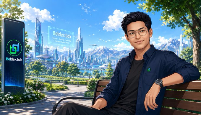 A young man wearing a "Beldex.bdx" branded jacket sits relaxed on a park bench against a futuristic skyline, with a holographic "Beldex.bdx" sign and smartphone display visible nearby. The image visually reinforces the post's message about Beldex Coin's stealth address technology, symbolizing privacy and security in a modern, tech-forward setting.