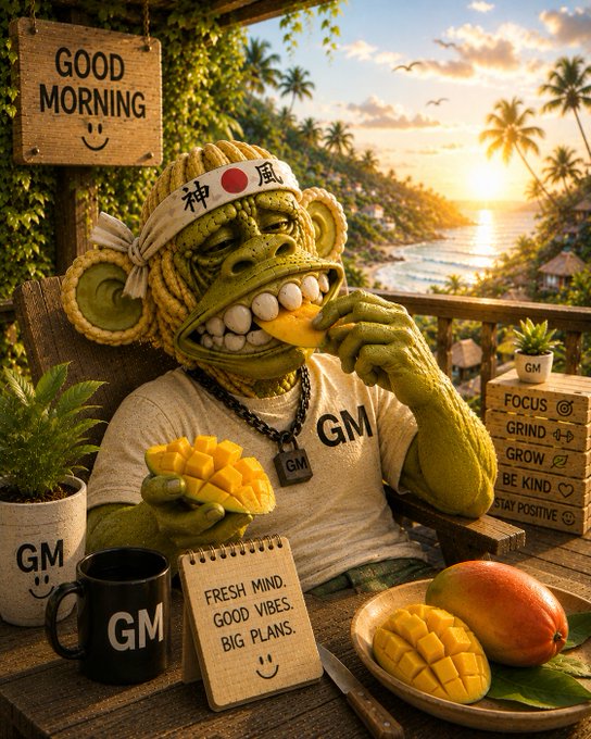 A vibrant AI-generated image of a green gorilla-like character wearing a 'GM' headband eating mango at a beachside table, surrounded by 'GOOD MORNING' and 'GM' signs and a notepad reading 'FRESH MIND. GOOD VIBES. BIG PLANS.'
