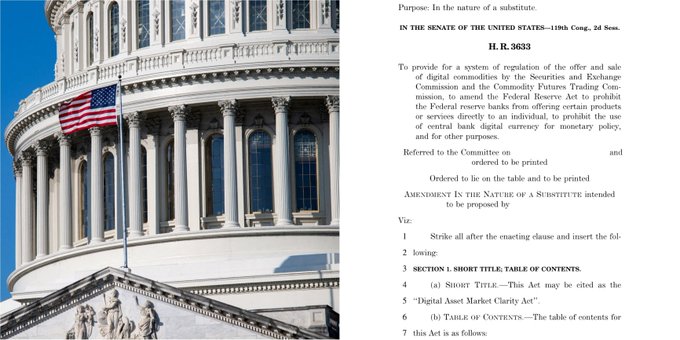 A composite image showing the U.S. Capitol building dome with an American flag on the left, and text on the right displaying the Digital Asset Market Clarity Act (H.R. 3633) legislation in the Senate of the United States.