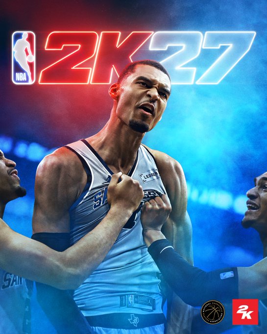 The cover of NBA 2K27 features Victor Wembanyama in his jersey, which prominently displays the @Ledger logo. This image serves as the visual confirmation of the partnership announced in the accompanying post.