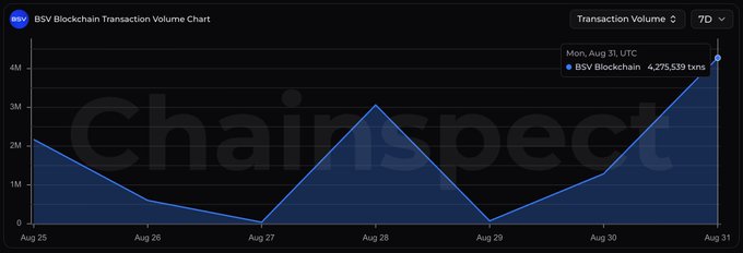 A BSV Blockchain Transaction Volume Chart from ChainSpect shows a 7-day transaction volume, peaking at 4,275,539 transactions on Monday, August 31 UTC.