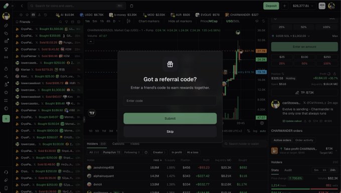 A cryptocurrency trading interface (Hyperliquid) showing a 'Got a referral code?' popup over a CHAMAMBER/USDC chart.