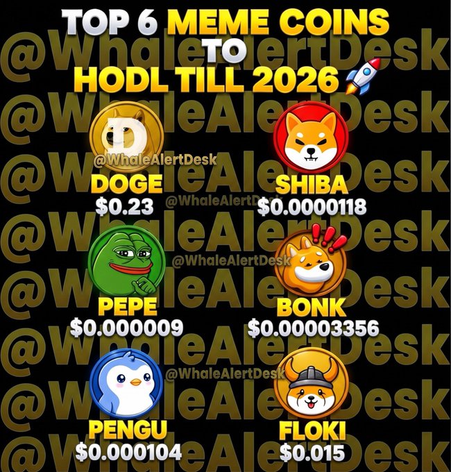 The image is a promotional graphic titled "TOP 6 MEME COINS TO HODL TILL 2026," featuring six cryptocurrencies with coin icons and prices: DOGE ($0.23), SHIBA ($0.0000118), PEPE ($0.0000009), BONK ($0.00003356), PENGU ($0.000104), and FLOKI ($0.015), watermarked with "@WhaleAlertDesk." It directly supports the post's call to action, presenting the six meme coins (DOGE, SHIB, PEPE, PENGU, BONK, and FLOKI) discussed and inviting viewers to share their predictions for which one will 10x first in 2026.