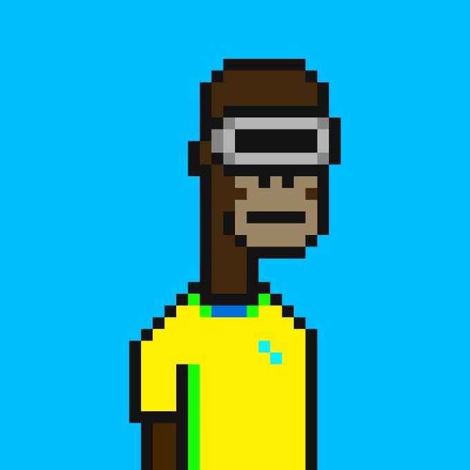 A pixel art illustration of a person with brown skin wearing a virtual reality headset and a yellow shirt with a green stripe, set against a light blue background.