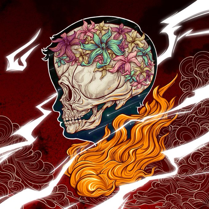 A skull in profile with colorful flowers blooming from its brain, set against a dark red background with white lightning bolts and orange flames flowing from below, evoking the "Beautiful Mind" NFT's theme of mental complexity and creative intensity.