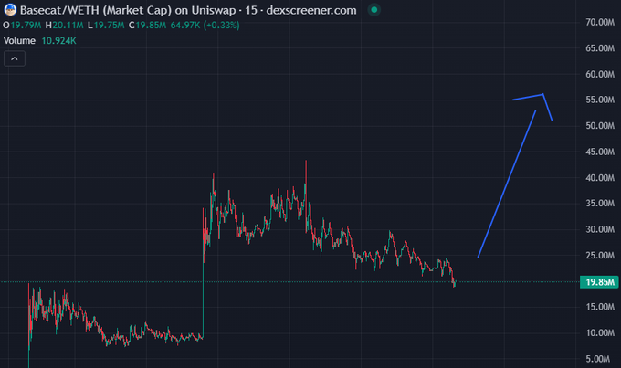 A 15-minute Uniswap price chart for Basecat (BASECAT/WETH) showing a recent sharp spike from around $20M to nearly $55M market cap before pulling back to $19.85M, visually emphasizing the post's claim that "the cat" is currently cheap ("free at these levels") ahead of an anticipated catalyst-driven rally to "billions."