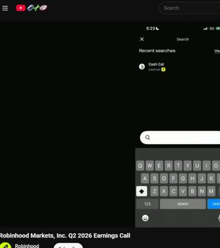 This screenshot shows a search for "$Cashcat" on Robinhood during the "Robinhood Markets, Inc. Q2 2026 Earnings Call," aligning with the post's claim that Robinhood "soft shilled" the stock.