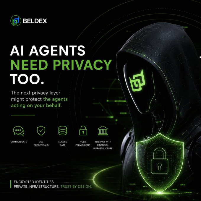 An advertisement for BELDEX featuring a hooded, robotic figure with a shield icon, promoting the message 'AI AGENTS NEED PRIVACY TOO.' and listing capabilities like 'COMMUNICATE,' 'USE CREDENTIALS,' and 'INTERACT WITH FINANCIAL INFRASTRUCTURE.'