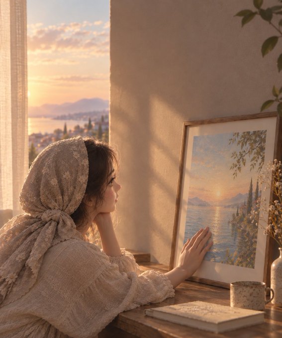 A young woman wearing a lace headscarf sits at a wooden desk beside a window, gazing at a framed landscape painting of a sunset over water, with a coffee mug and book nearby.
