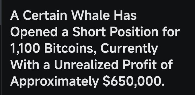The image is a text-based graphic with a black background and white text stating: "A Certain Whale Has Opened a Short Position for 1,100 Bitcoins, Currently With a Unrealized Profit of Approximately $650,000." 

The caption relates to the $BTC post by highlighting notable on-chain whale activity, indicating that a large investor has profited from a bearish bet against Bitcoin, suggesting potential downward pressure or market sentiment.