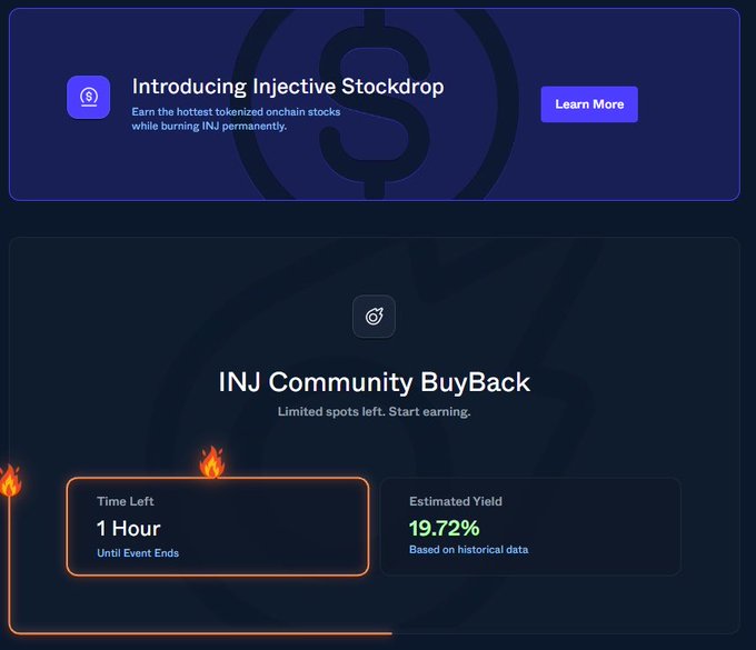 A promotional banner for "Injective Stockdrop" with a "Learn More" button, advertising earning tokenized onchain stocks while burning INJ permanently. Below it, an "INJ Community BuyBack" section shows "Time Left 1 Hour" and "Estimated Yield 19.72%" based on historical data.
