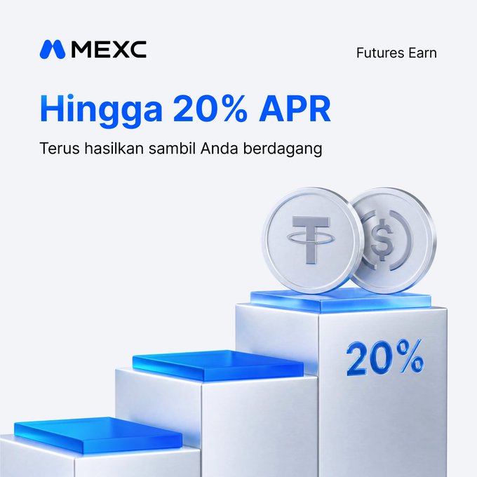 A promotional advertisement for MEXC Futures Earn offering up to 20% APR, featuring an image of stacked pedestals with cryptocurrency coins (USDT and USDC) on top.
