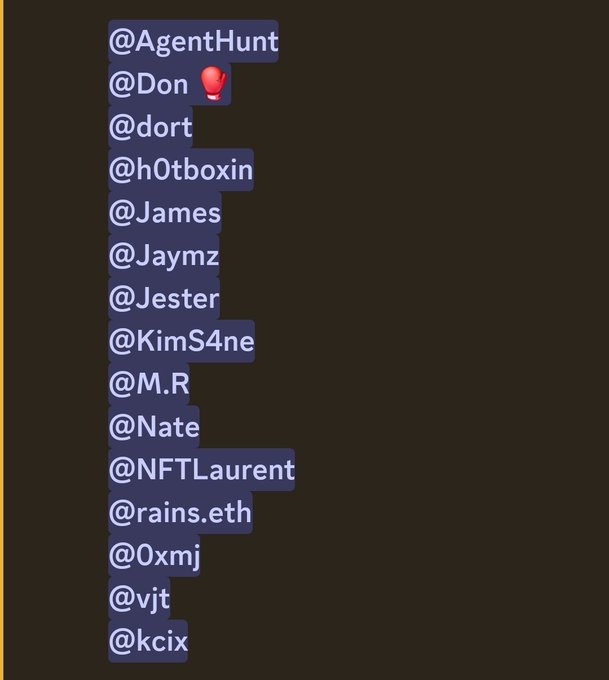 The image displays a vertical list of Twitter handles, including @AgentHunt, @Don, and @NFTLaurent, likely representing the community members involved in the NFT minting event referenced in the post thanking @BR4ted for a spot on @YieldFields_RH.