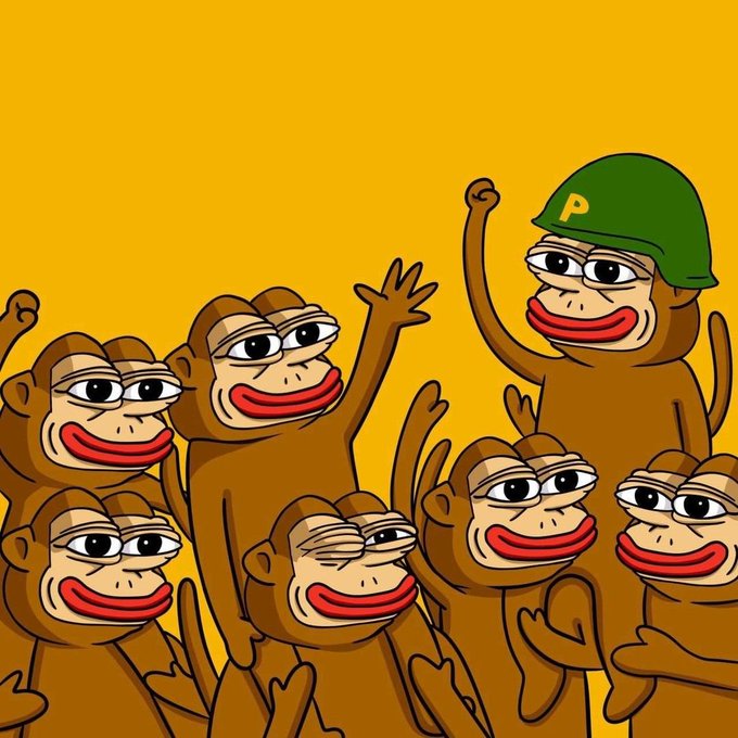 A cartoon illustration features a group of brown monkeys with red lips and droopy eyes against a solid yellow background, with one monkey standing out by wearing a green military-style helmet bearing a yellow "P," which directly relates to the post's promotion of a "Free mint" NFT drop limited to a "200 Supply" with the first 99 available and a 3-hour minting window, using the "P" helmeted monkey as the project's mascot to attract engagement through retweets and EVM wallet submissions.