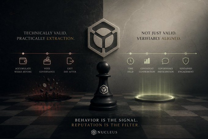 A dark-themed infographic for Nucleus comparing "Technically Valid, Practically Extraction" vs "Not Just Valid, Verifiably Aligned" with a chess piece and metrics including time held, consistent contribution, governance participation, and sustained engagement, captioned "Behavior is the signal. Reputation is the filter."